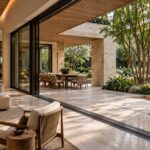 Contemporary limestone living room opening through bronze-framed sliding doors to a sheltered garden terrace and planted courtyard.