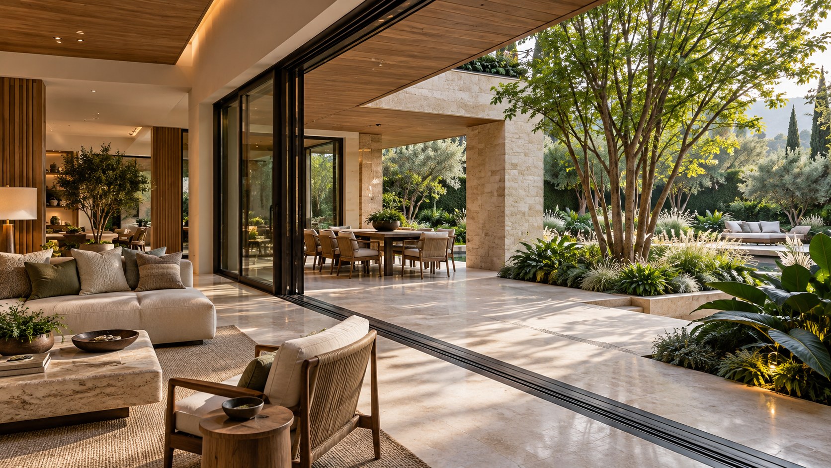 Contemporary limestone living room opening through bronze-framed sliding doors to a sheltered garden terrace and planted courtyard.