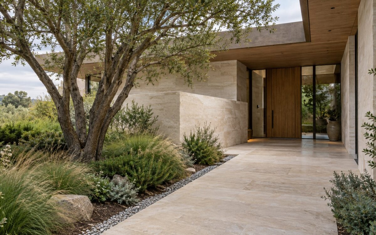 Quiet residential entrance with limestone garden wall, a sheltering oak canopy, graded stone pathway, and planted court.