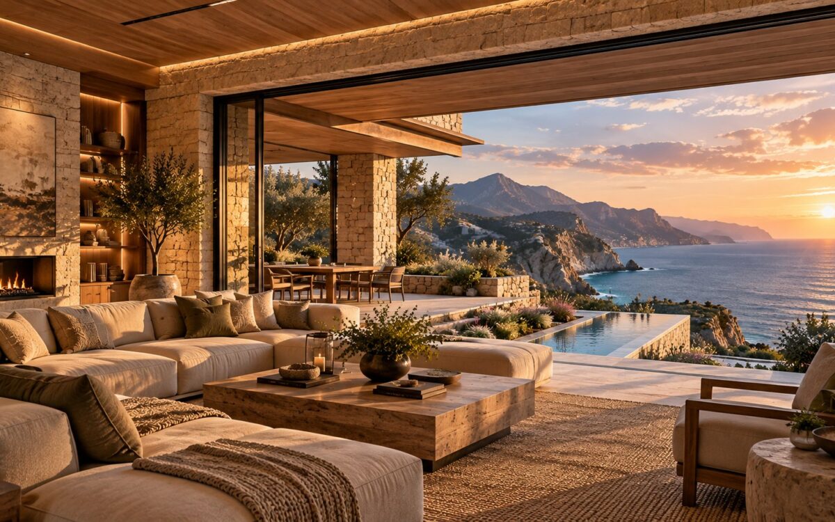 AI-generated coastal cliffside residence integrated into rugged rock, with layered stone terraces, warm timber interiors, expansive glazing, a precise infinity pool, and turquoise sea beyond.