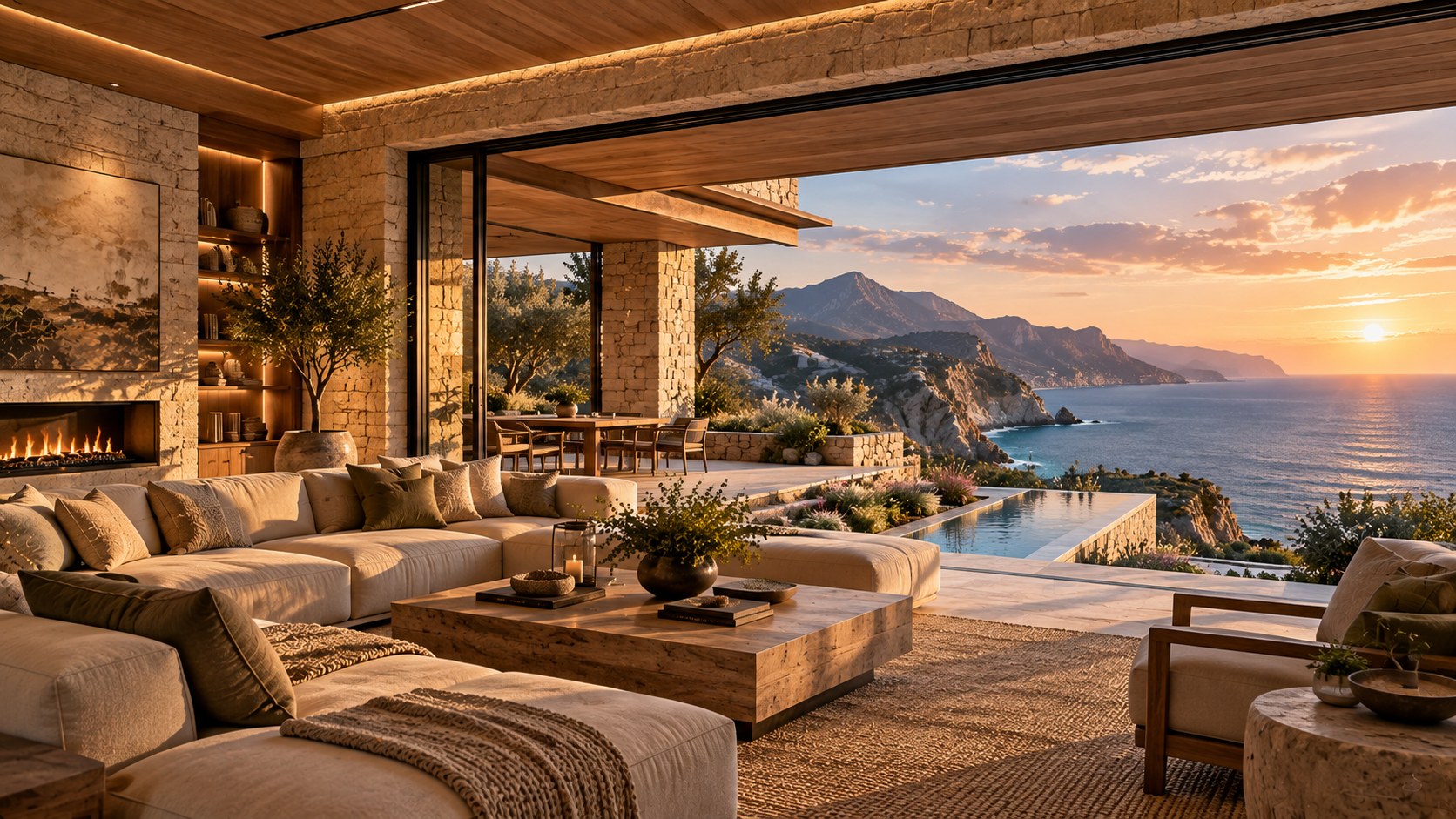 AI-generated coastal cliffside residence integrated into rugged rock, with layered stone terraces, warm timber interiors, expansive glazing, a precise infinity pool, and turquoise sea beyond.