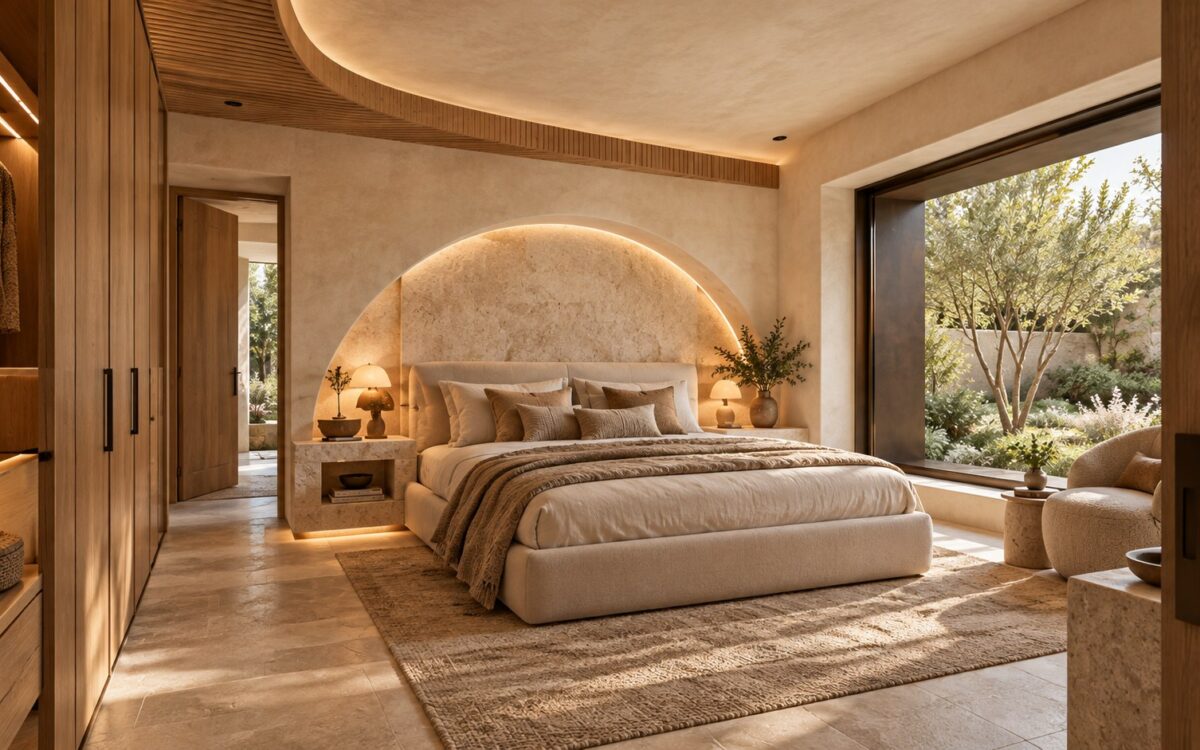 Contemporary bedroom with a softly curved plaster wall, warm oak cabinetry, limestone headboard, and shaded garden opening.