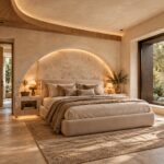 Contemporary bedroom with a softly curved plaster wall, warm oak cabinetry, limestone headboard, and shaded garden opening.