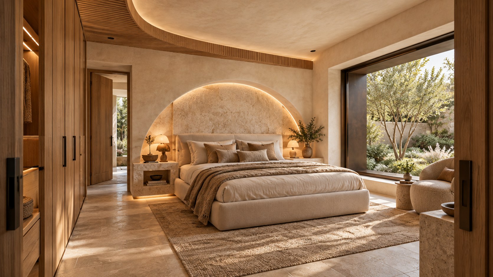 Contemporary bedroom with a softly curved plaster wall, warm oak cabinetry, limestone headboard, and shaded garden opening.