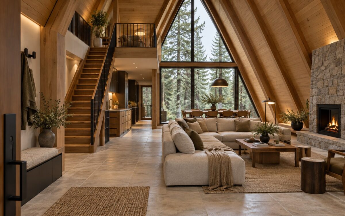 Warm timber A-frame living room with a steep roof, compact mezzanine, built-in seating, and a shaded forest view.