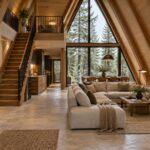 Warm timber A-frame living room with a steep roof, compact mezzanine, built-in seating, and a shaded forest view.