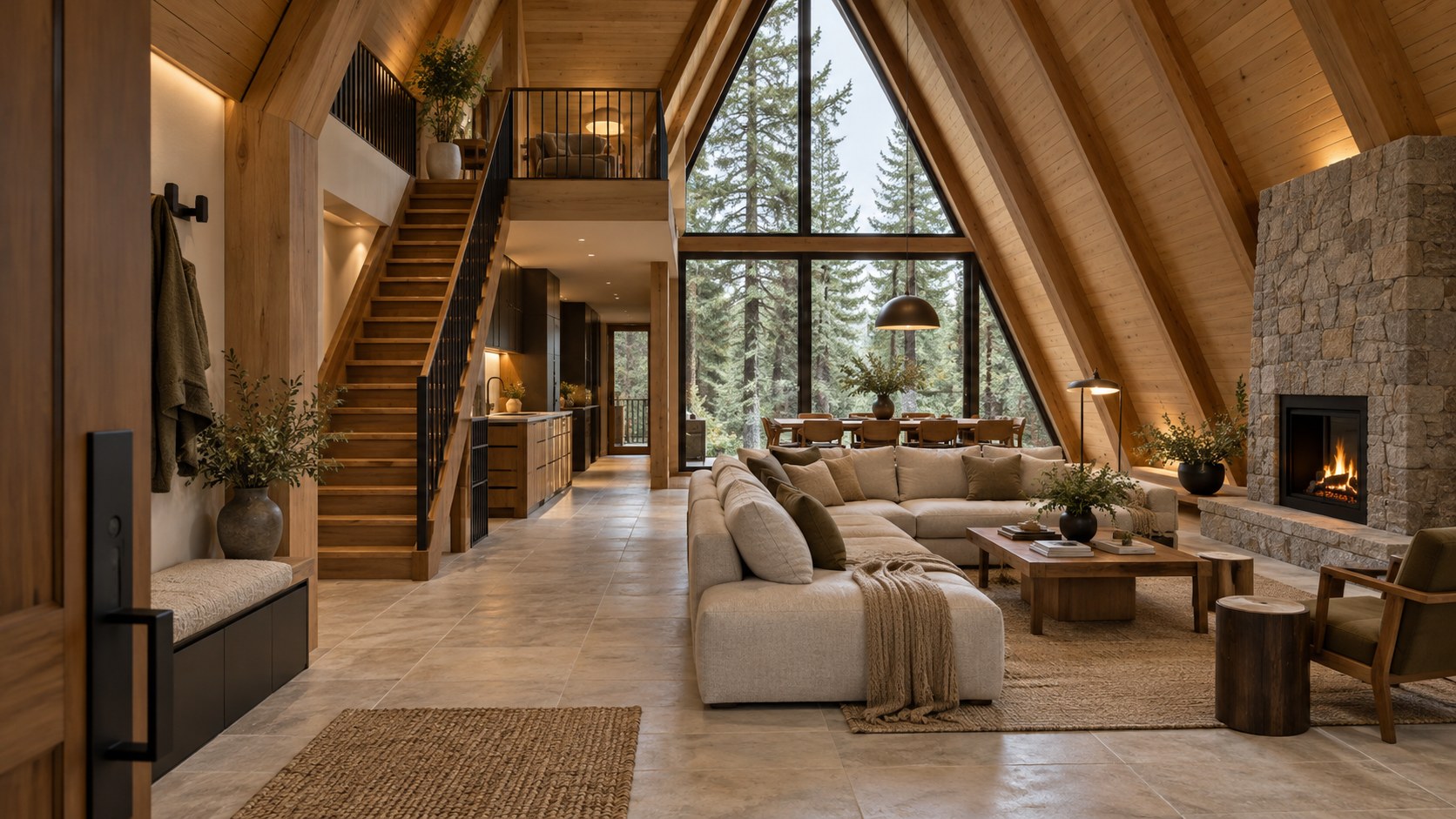 Warm timber A-frame living room with a steep roof, compact mezzanine, built-in seating, and a shaded forest view.