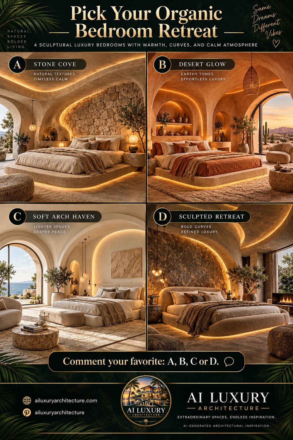 Pinterest interactive infographic showing four AI-generated organic luxury bedrooms in a 2x2 grid. A Stone Cove uses rough stone and cream textures; B Desert Glow uses warm terracotta tones; C Soft Arch Haven is pale and airy with curved openings; D Sculpted Retreat uses dramatic stone, rounded forms, and warm lighting. The image asks viewers to comment A, B, C or D.