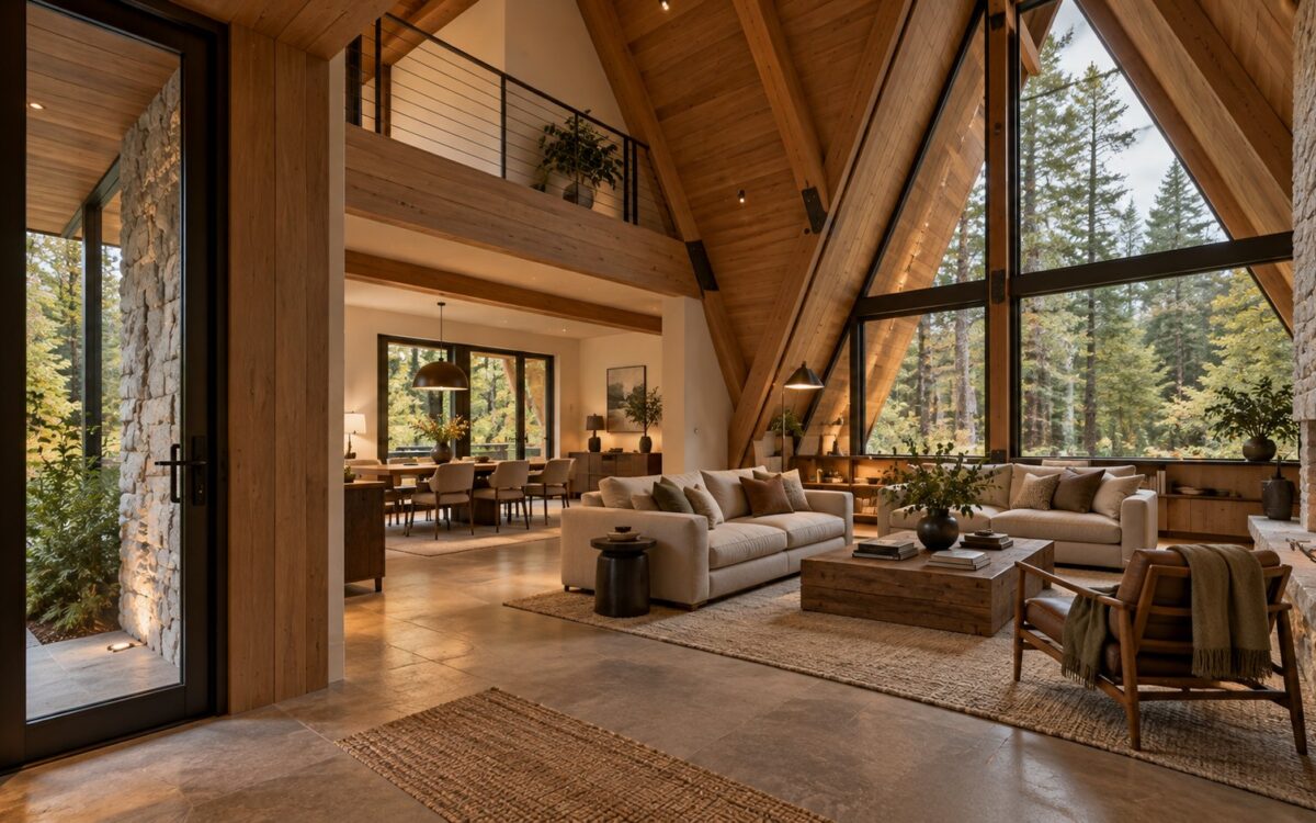 Contemporary A-frame retreat interior with timber roof structure, grounded stone hearth, sheltered woodland glazing, and an intimate lounge.