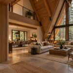 Contemporary A-frame retreat interior with timber roof structure, grounded stone hearth, sheltered woodland glazing, and an intimate lounge.