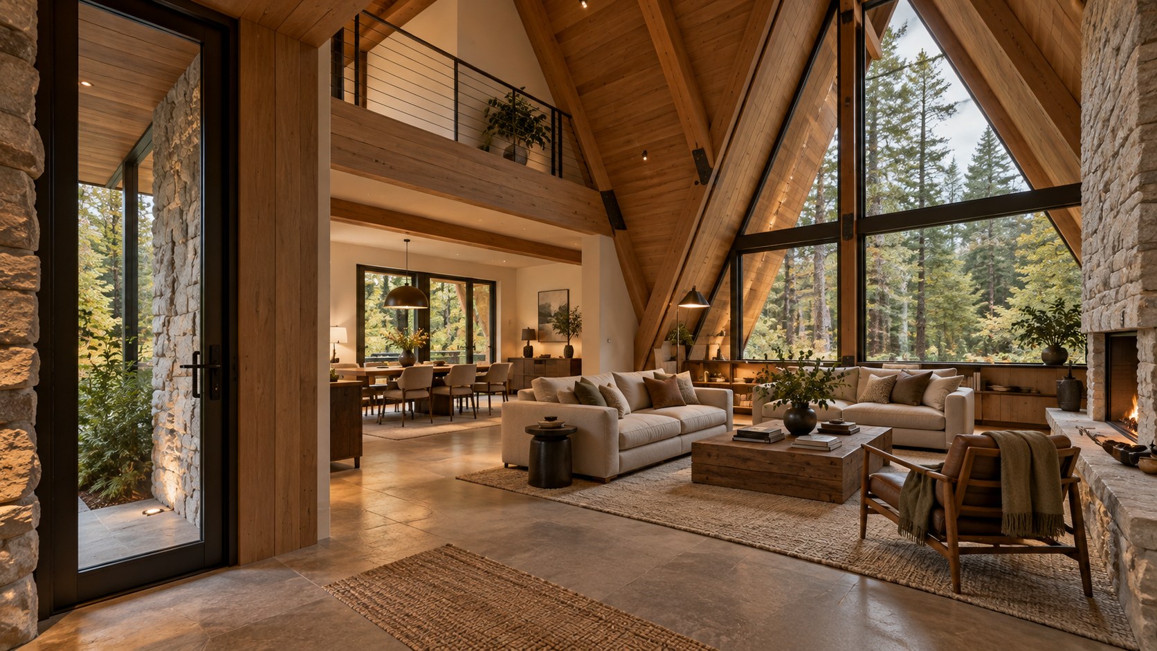 Contemporary A-frame retreat interior with timber roof structure, grounded stone hearth, sheltered woodland glazing, and an intimate lounge.
