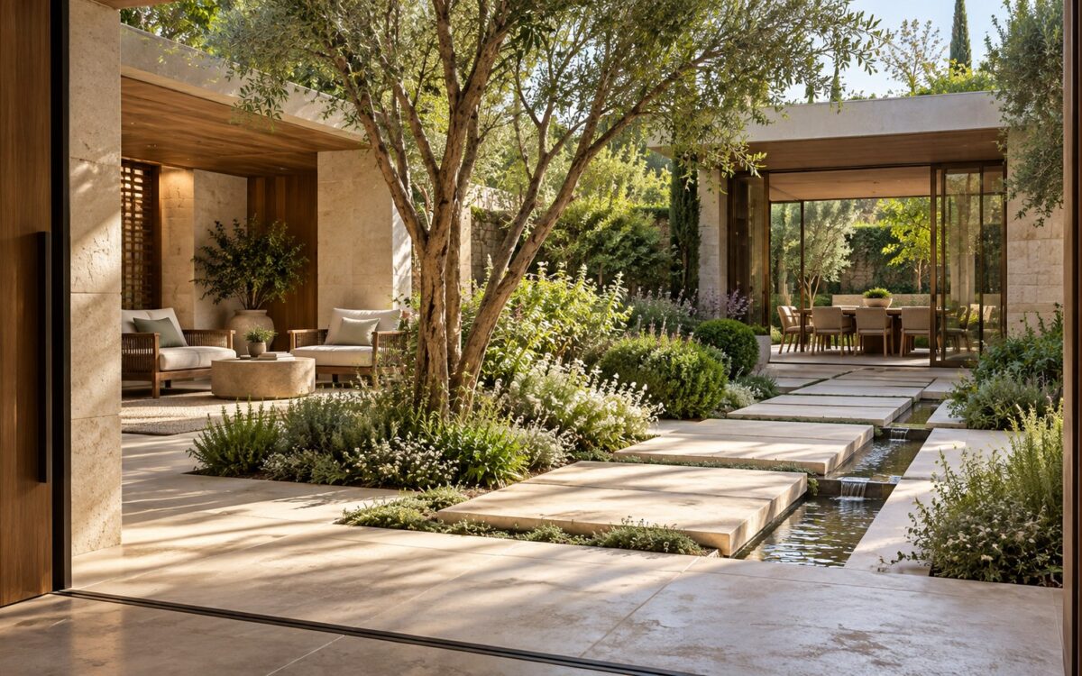 Contemporary planted residential garden with a limestone seating terrace, sheltered timber alcove, and quiet water rill.