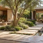 Contemporary planted residential garden with a limestone seating terrace, sheltered timber alcove, and quiet water rill.