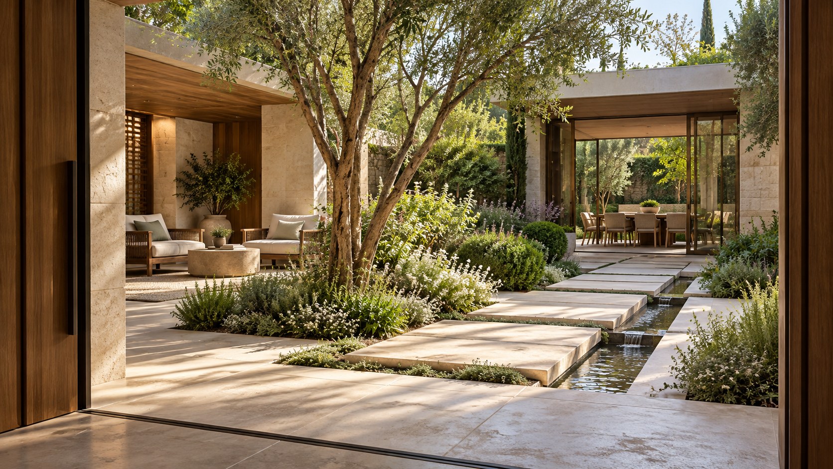 Contemporary planted residential garden with a limestone seating terrace, sheltered timber alcove, and quiet water rill.