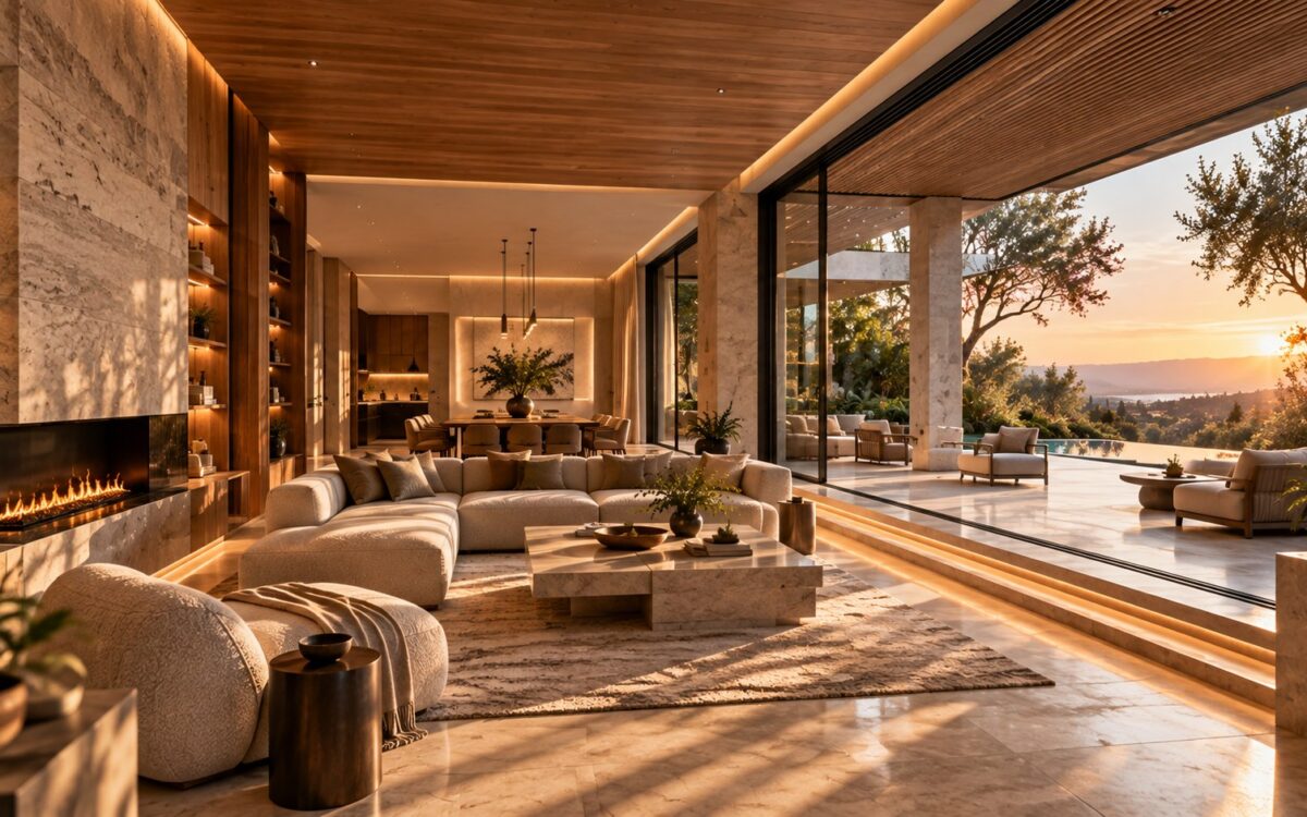AI-generated contemporary luxury residence with a broad open living volume extending toward a shaded terrace, pool, planted garden, and distant landscape.