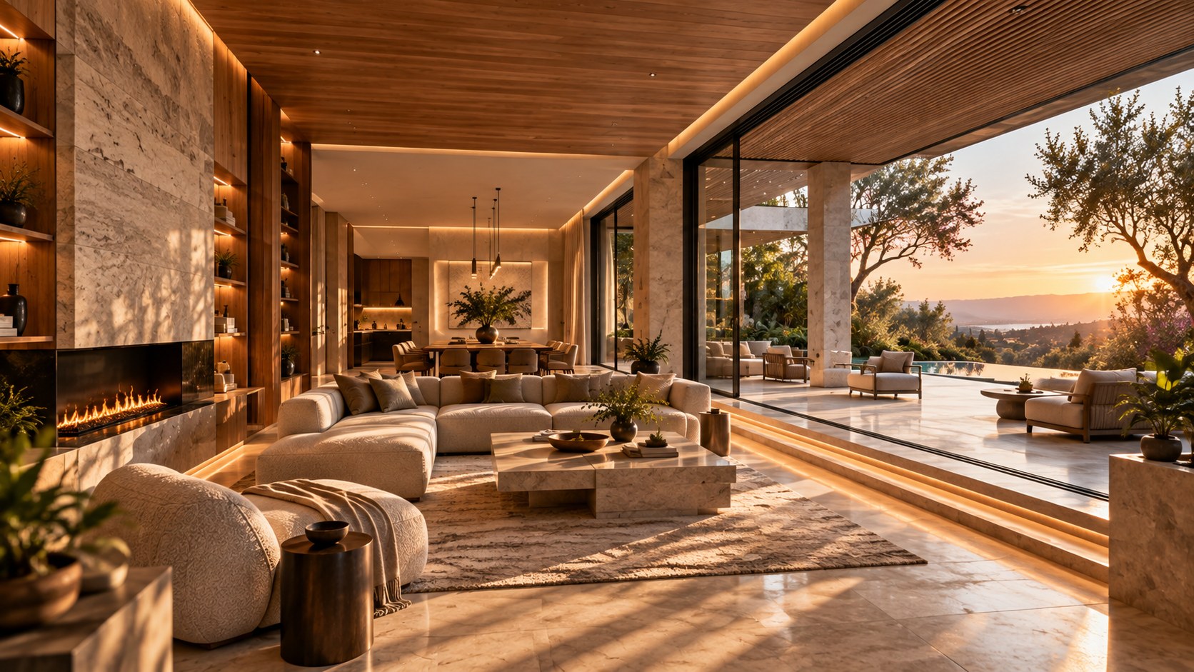 AI-generated contemporary luxury residence with a broad open living volume extending toward a shaded terrace, pool, planted garden, and distant landscape.