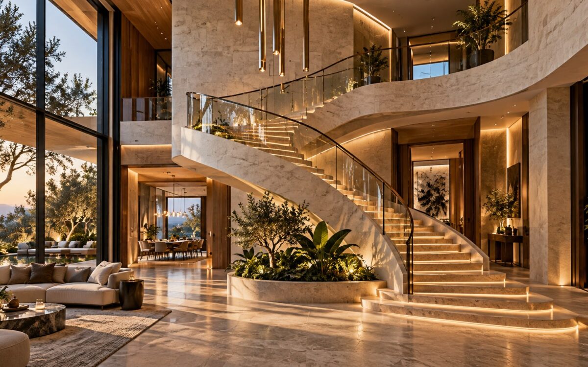 Contemporary luxury residence interior with a sculptural staircase sweeping through a double-height living hall, framed by warm stone, timber, restrained metal, soft furnishings, and controlled architectural lighting.
