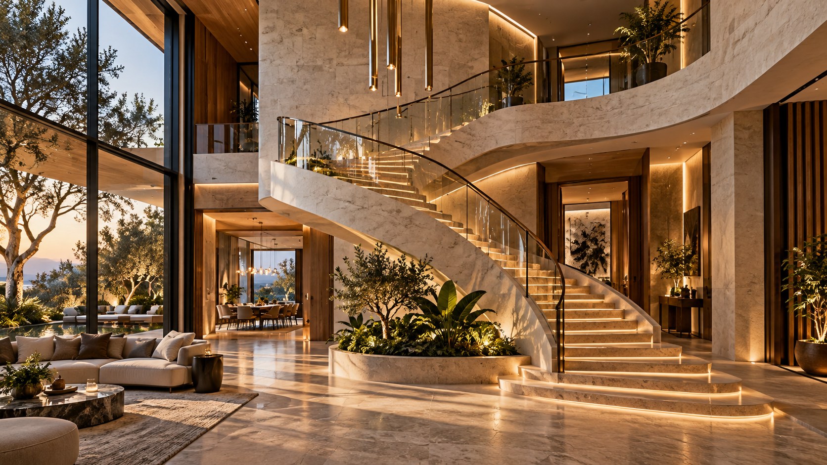 Contemporary luxury residence interior with a sculptural staircase sweeping through a double-height living hall, framed by warm stone, timber, restrained metal, soft furnishings, and controlled architectural lighting.
