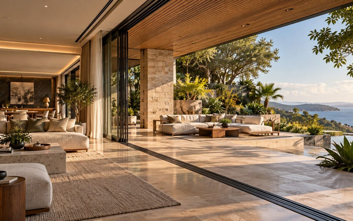 Contemporary tropical living room opening onto a shaded stone terrace and layered garden through broad retractable glazing.