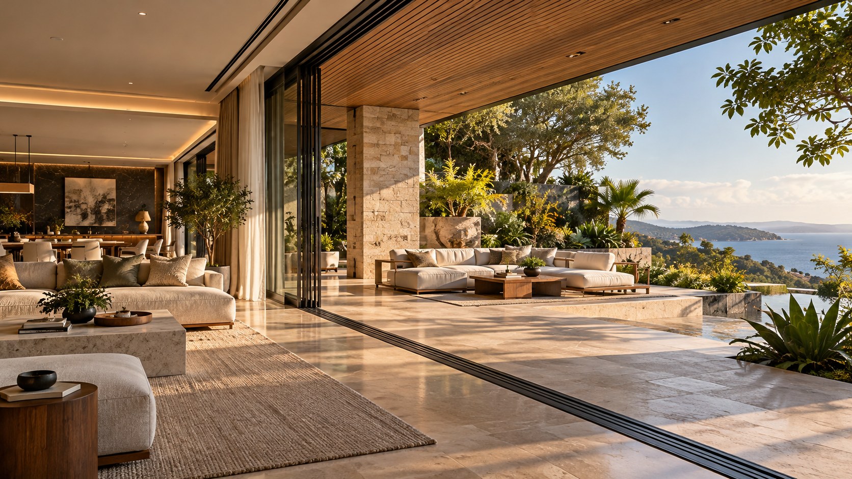 Contemporary tropical living room opening onto a shaded stone terrace and layered garden through broad retractable glazing.