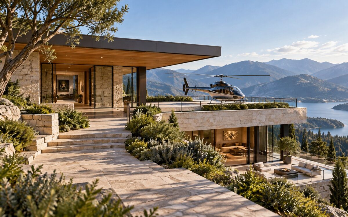 Contemporary hillside residence with a sheltered rooftop arrival pavilion above layered stone terraces and a distant mountain panorama.