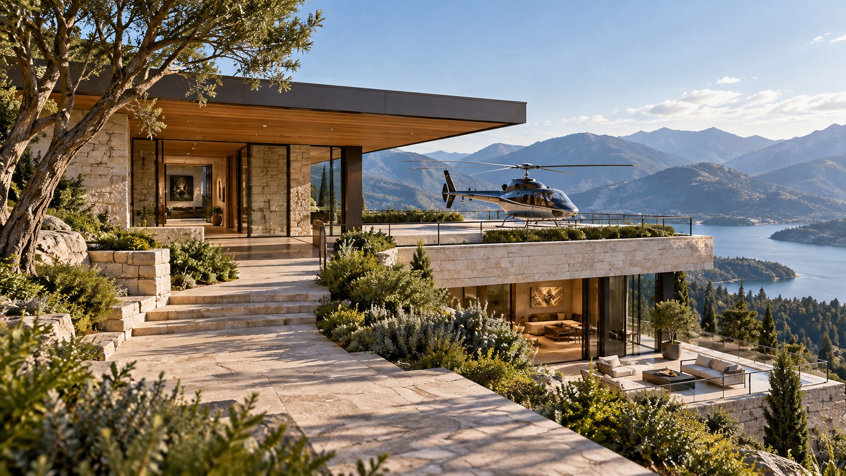 Contemporary hillside residence with a sheltered rooftop arrival pavilion above layered stone terraces and a distant mountain panorama.