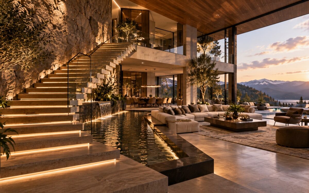 AI-generated contemporary luxury living room centered on a sculptural architectural staircase, with a restrained integrated water plane, warm stone and timber surfaces, soft planting, large glazing, and layered indirect lighting creating a calm but richly composed interior.