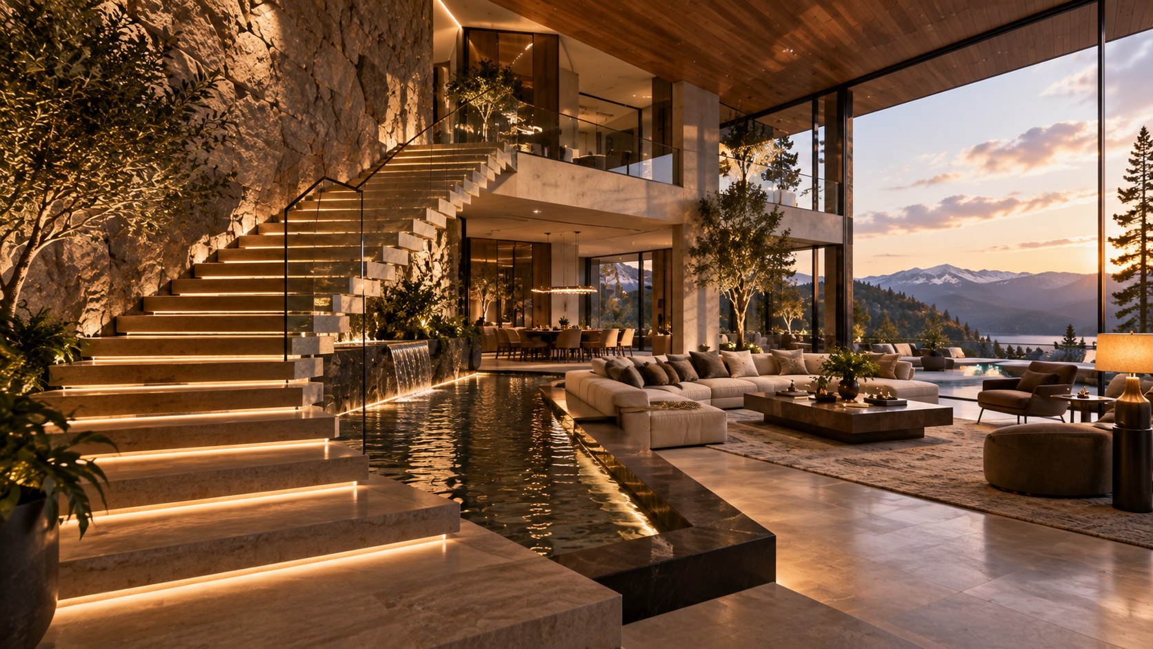 AI-generated contemporary luxury living room centered on a sculptural architectural staircase, with a restrained integrated water plane, warm stone and timber surfaces, soft planting, large glazing, and layered indirect lighting creating a calm but richly composed interior.