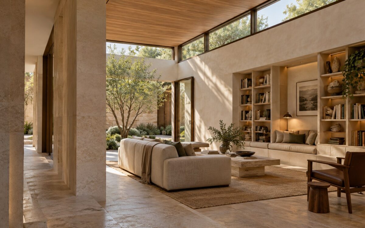 Contemporary reading lounge with high clerestory glazing, oak ceiling, limestone walls, and sheltered courtyard planting.