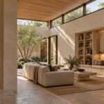 Contemporary reading lounge with high clerestory glazing, oak ceiling, limestone walls, and sheltered courtyard planting.
