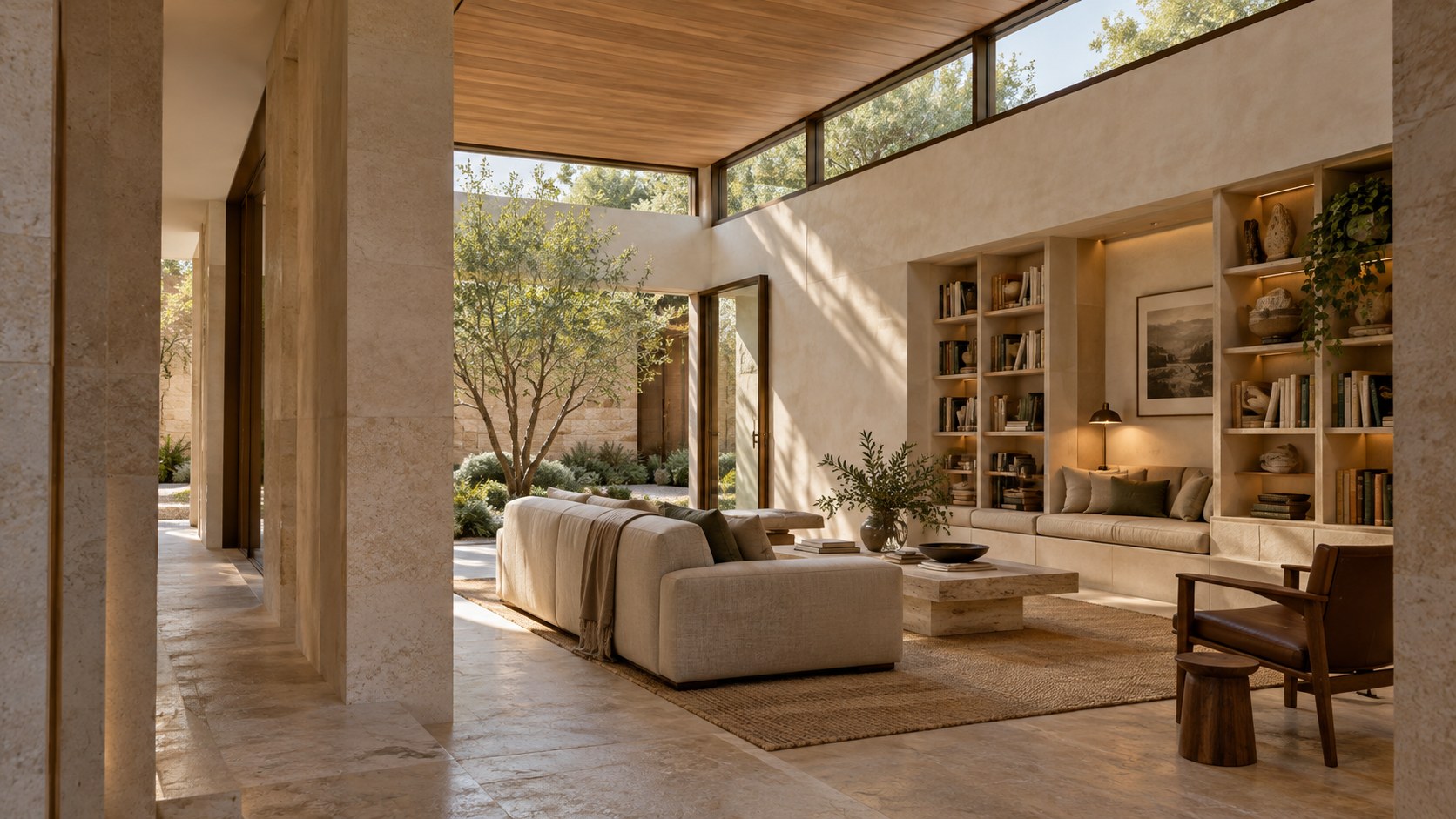 Contemporary reading lounge with high clerestory glazing, oak ceiling, limestone walls, and sheltered courtyard planting.