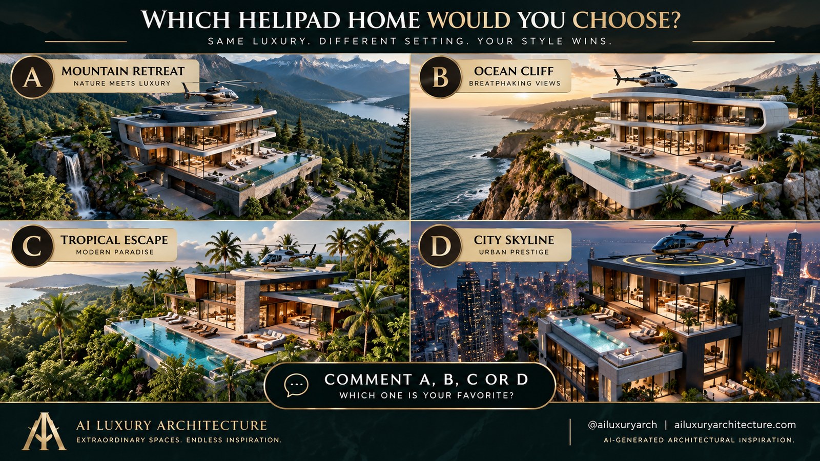 Four conceptual luxury residences with rooftop helicopters set among mountains, ocean cliffs, tropical palms, and city towers.