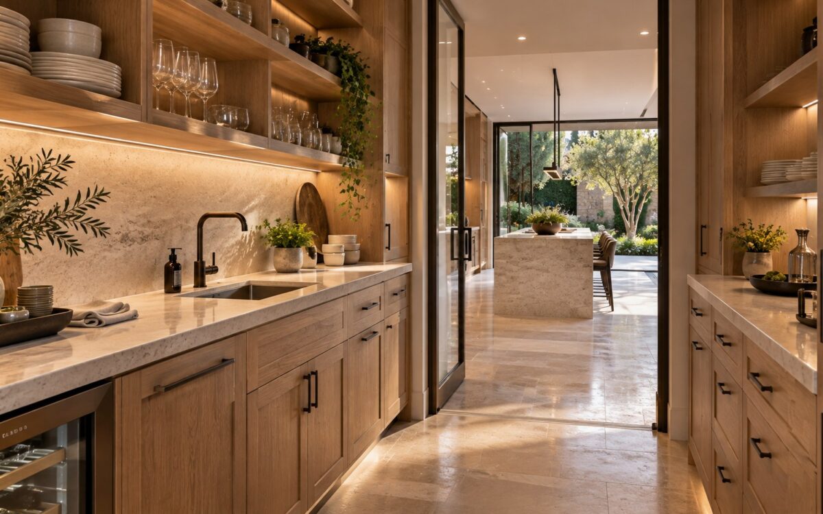 Contemporary butler’s pantry with warm oak cabinetry, pale stone worktops, discreet sink, and an opening toward the main kitchen.