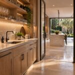 Contemporary butler’s pantry with warm oak cabinetry, pale stone worktops, discreet sink, and an opening toward the main kitchen.