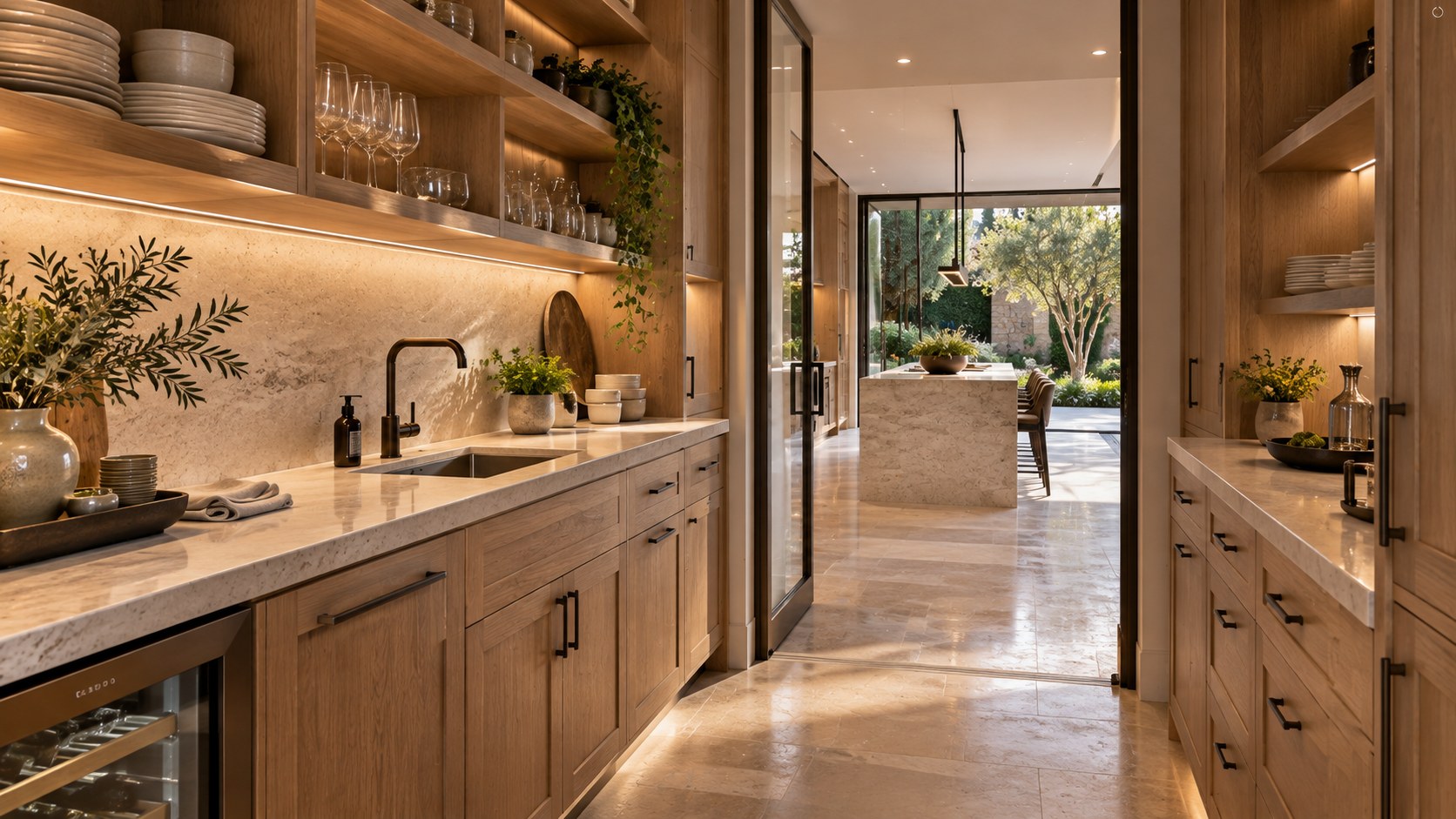 Contemporary butler’s pantry with warm oak cabinetry, pale stone worktops, discreet sink, and an opening toward the main kitchen.