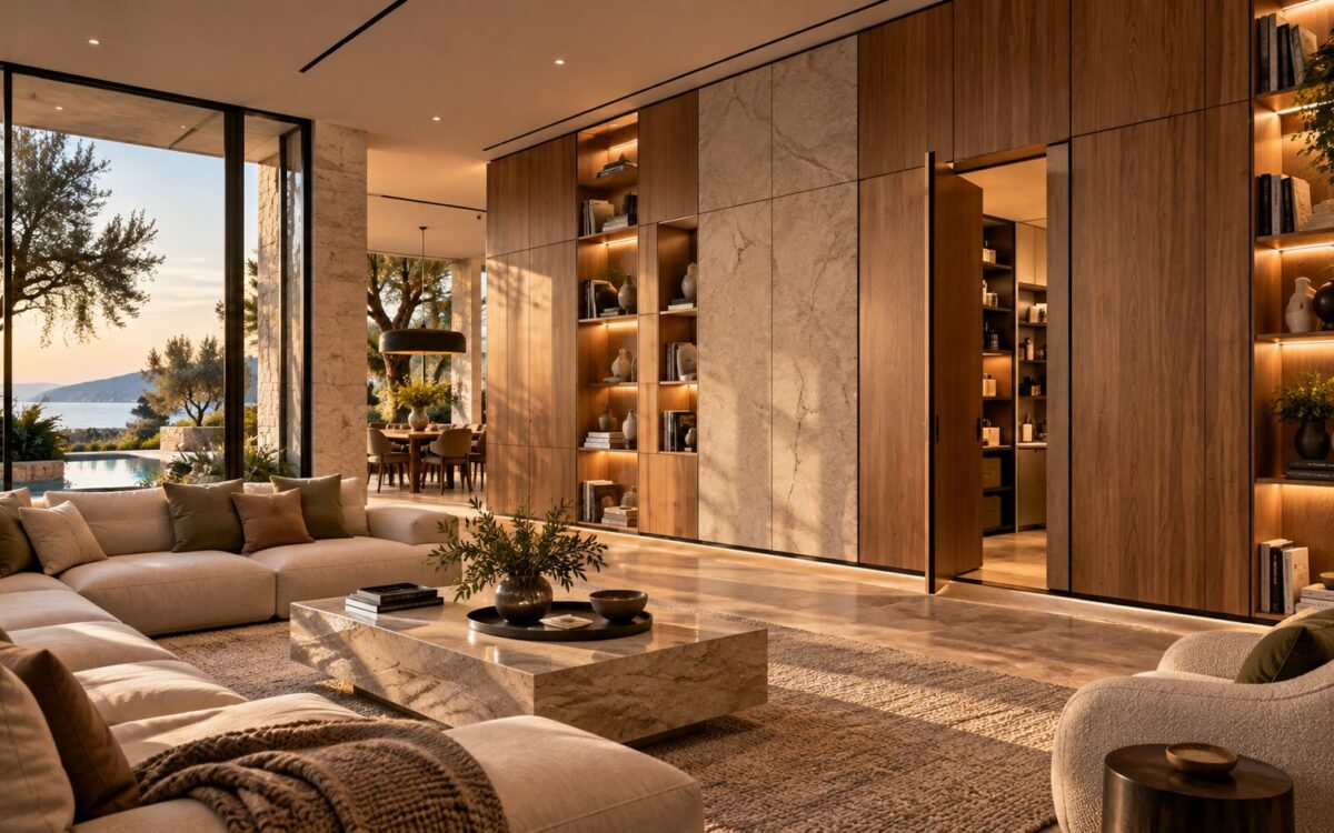 Contemporary luxury living room with a full-height integrated storage wall, warm timber, pale stone, restrained furniture, and carefully arranged visible objects within a calm architectural composition.