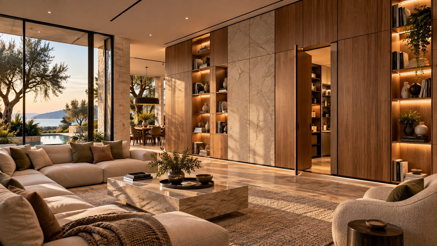 Contemporary luxury living room with a full-height integrated storage wall, warm timber, pale stone, restrained furniture, and carefully arranged visible objects within a calm architectural composition.