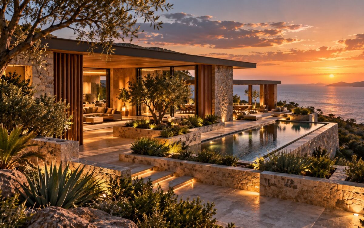 AI-generated coastal residence organized around a sheltered courtyard, layered terraces, and a long reflecting pool, with warm stone and timber architecture opening toward a sunset horizon.