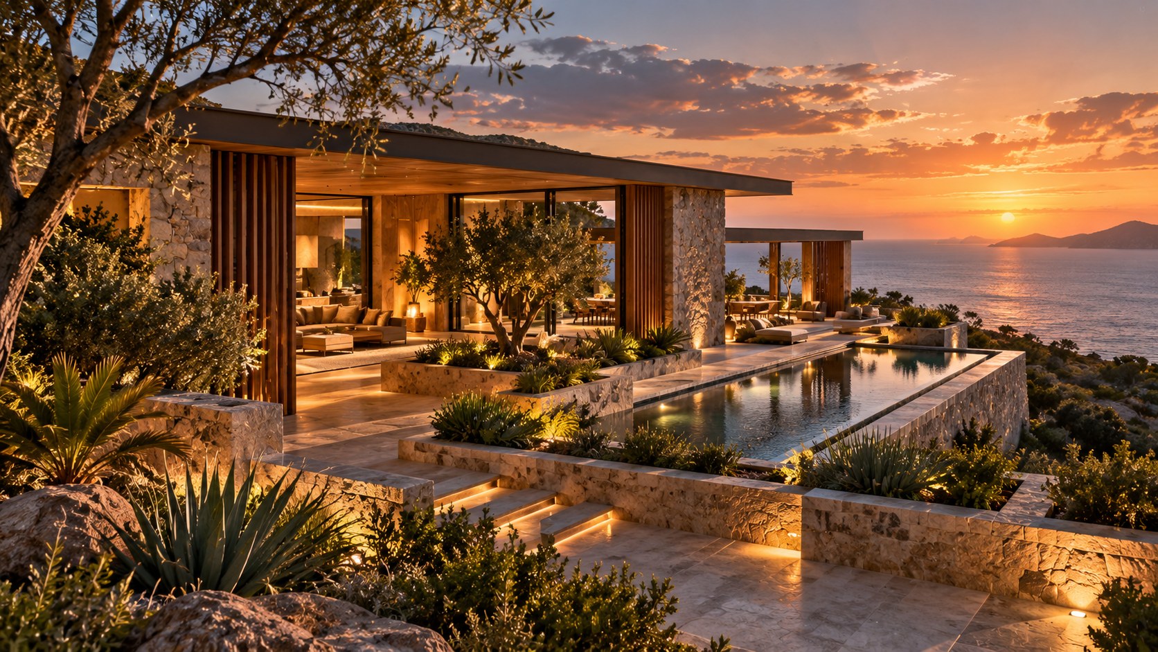 AI-generated coastal residence organized around a sheltered courtyard, layered terraces, and a long reflecting pool, with warm stone and timber architecture opening toward a sunset horizon.