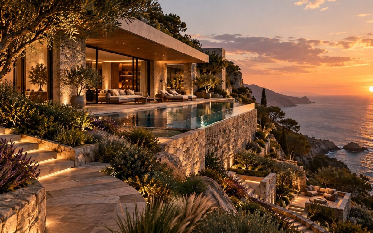 AI-generated contemporary coastal residence integrated into a steep landscaped cliff, viewed obliquely from an upper garden terrace with one long reflecting pool, pale stone retaining walls, native planting, and the sea beyond at dusk.