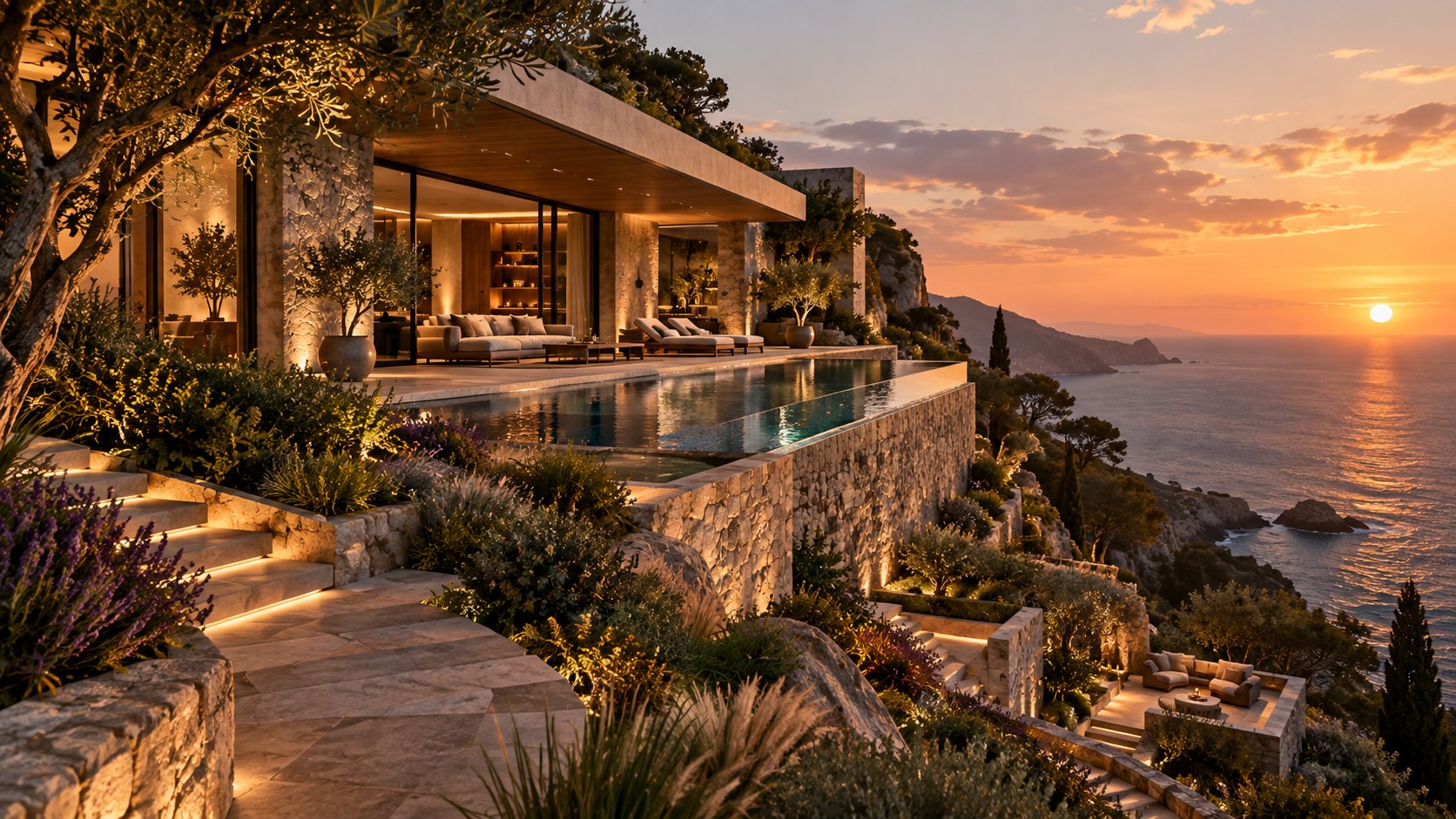 AI-generated contemporary coastal residence integrated into a steep landscaped cliff, viewed obliquely from an upper garden terrace with one long reflecting pool, pale stone retaining walls, native planting, and the sea beyond at dusk.