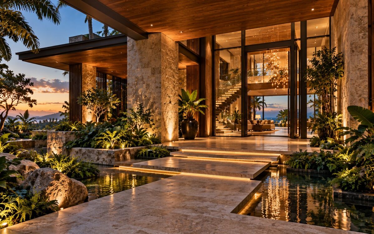 AI-generated tropical residence entrance viewed from a sheltered exterior garden, with a tall glazed foyer, warm stone, timber detailing, layered planting, and a shallow reflecting court.