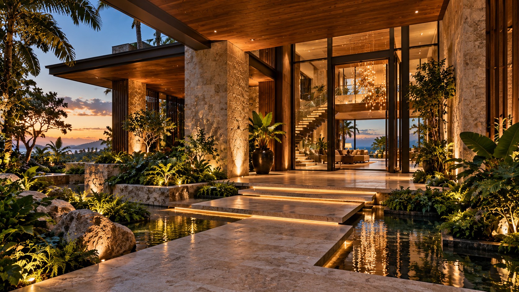AI-generated tropical residence entrance viewed from a sheltered exterior garden, with a tall glazed foyer, warm stone, timber detailing, layered planting, and a shallow reflecting court.