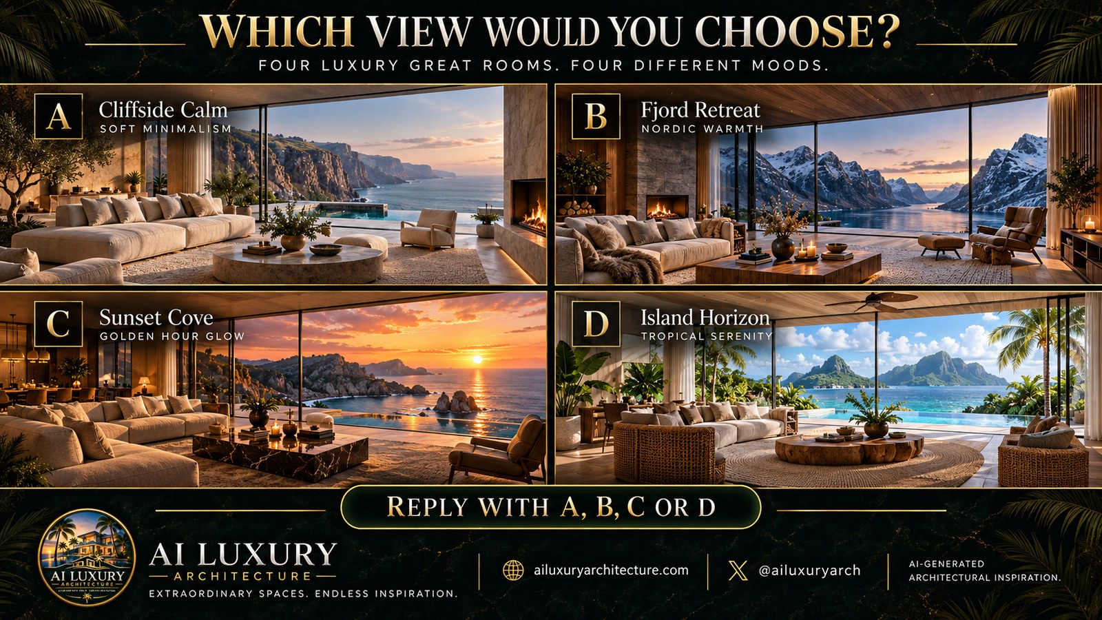 Interactive luxury-architecture graphic with four AI-generated great rooms in a 2x2 grid. A shows a soft minimalist cliffside room above the sea; B a warm Nordic room facing a snowy fjord; C a golden-hour coastal room; D a tropical room overlooking turquoise water and mountains. The image asks viewers to reply A, B, C, or D.