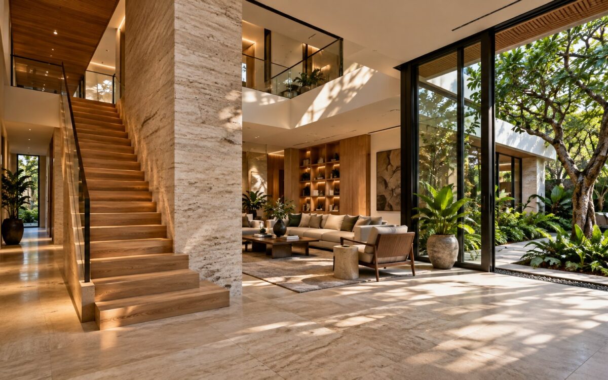 Contemporary tropical residence with a limestone wall return, integrated staircase, framed garden glazing, and warm oak detailing.