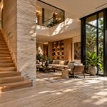 Contemporary tropical residence with a limestone wall return, integrated staircase, framed garden glazing, and warm oak detailing.
