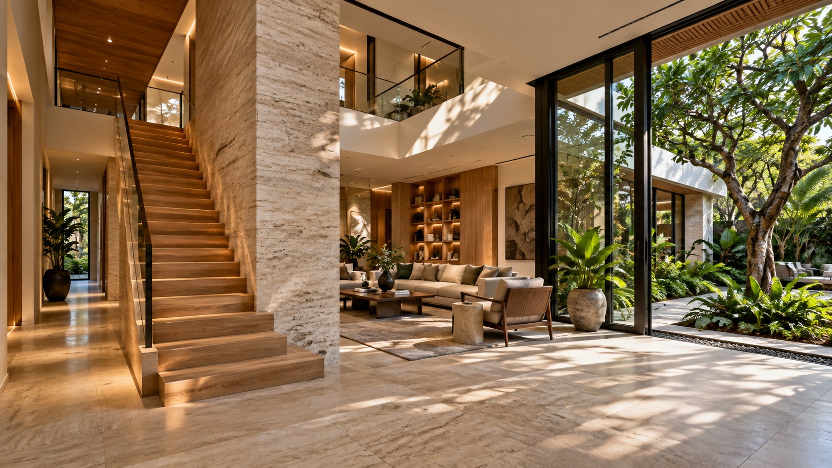Contemporary tropical residence with a limestone wall return, integrated staircase, framed garden glazing, and warm oak detailing.