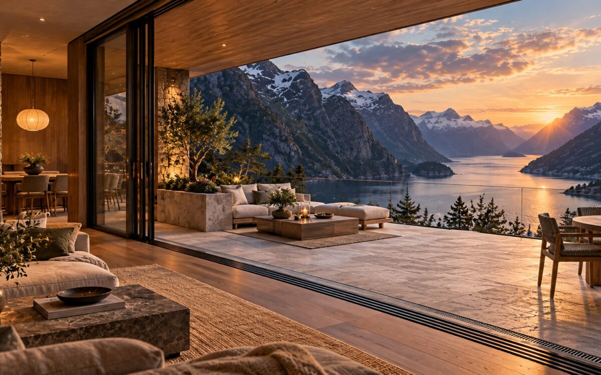 Contemporary fjordside balcony with pale stone terrace, sheltered timber ceiling, lounge seating, and sweeping mountain views.