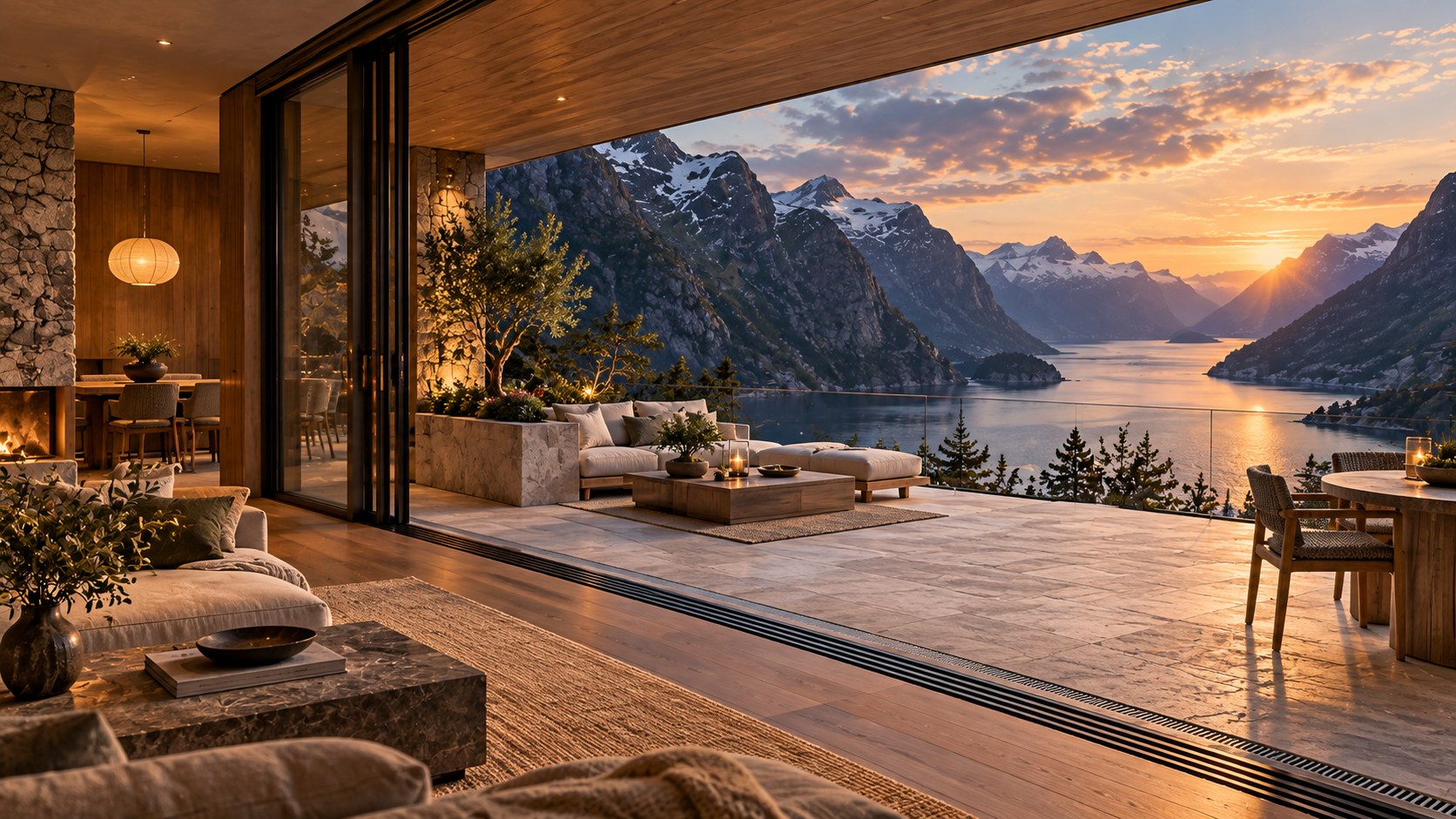 Contemporary fjordside balcony with pale stone terrace, sheltered timber ceiling, lounge seating, and sweeping mountain views.