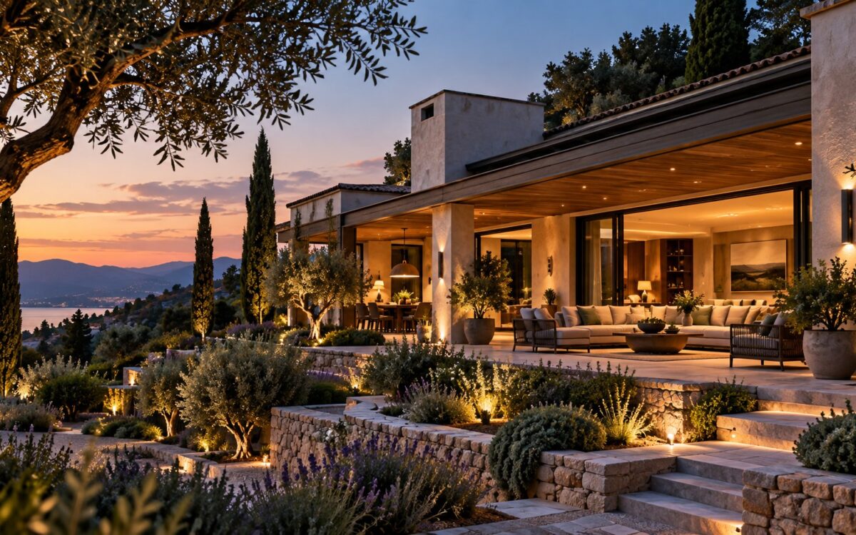 AI-generated Mediterranean-inspired luxury residence viewed across a landscaped side garden, with warm stucco volumes, a long shaded loggia, dark-framed openings, mature trees, and soft evening light.